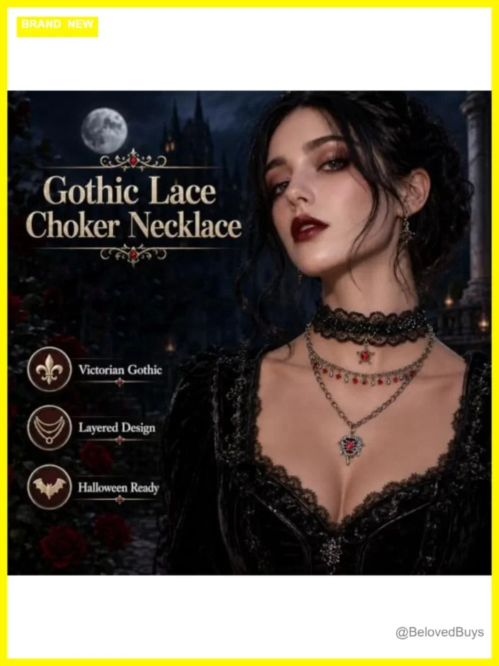 Gothic Black Lace Choker Necklace with Red Dripping Heart Pendant Layered Chain